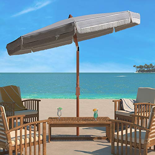 Safavieh Outdoor Collection Copen White and Navy Stripe 6.5-Foot Fringe Tilt Beach Umbrella