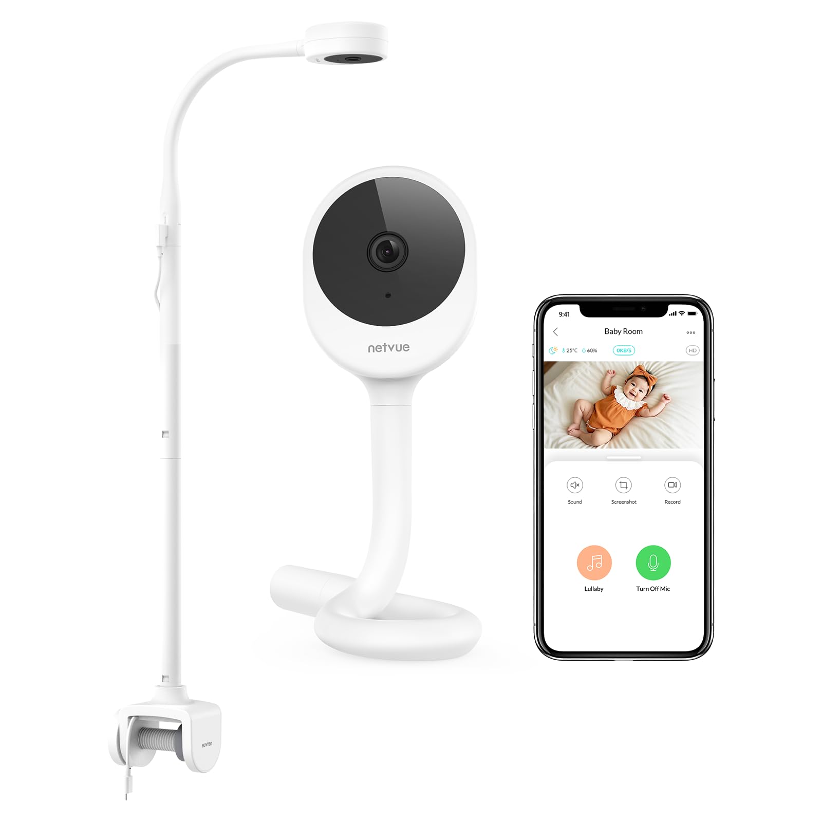 Netvue 1080P Camara Vigilancia Bebe con Soporte 4 en 1, Vigilabebes Camara con App Gratuita, Visión Nocturna, Audio Bidireccional, Análisis del Sueño, Canción de Cuna, Detección de Gritos y Movimiento