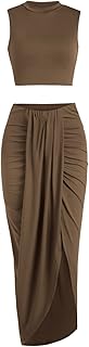 ZAFUL Women's Casual Sleeveless Summer Two Piece Outfits Crop Top and Side Split Draped Ruched Maxi Skirt Set Solid Suiting