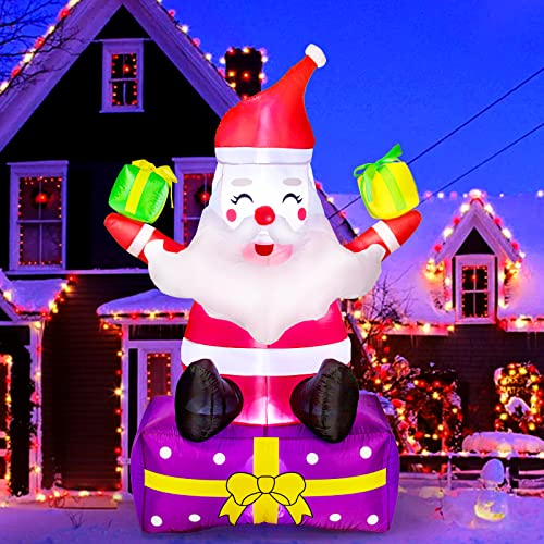 6 Ft Christmas Inflatable Outdoor Decorations - Inflatable Santa Claus with Gift Boxes - Xmas Santa Claus Blow Up Yard Decor - Built-in LED Lights - Includes Tethers and Stakes for Yard, Lawn, Garden