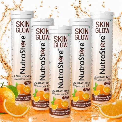 Image of NutraStore Skin Glow | L Glutathione Effervescent Tablets Pack of 5 | With Vitamin C, Hyaluronic Acid, Biotin, Astaxanthin & Zinc | Advanced Antioxidant Skin Blend | Orange Aura Flavor | Glutathione tablets for skin health