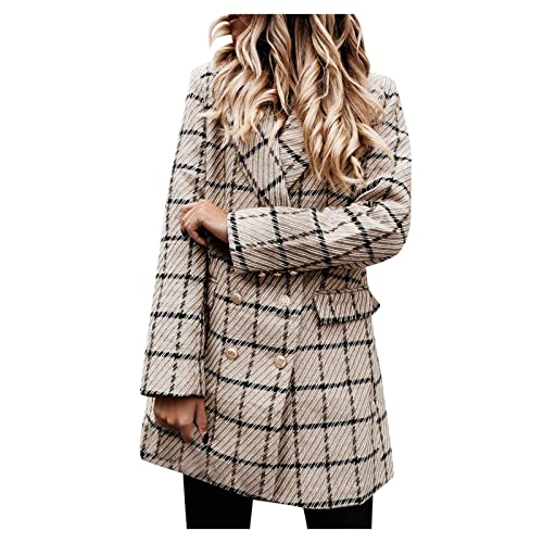 Vestes femme vintage à carreaux et manteau mi-long double boutonnage pour l'automne
