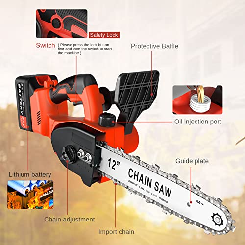 Electric Chainsaw Cordless 12 Inch 3000Mah Chainsaw Power With 2 Chains, Brushless Chainsaw Battery Powered For Trees Cordless Chainsaw Wood Farm Garden Ranch Forest Cutting Fast Charger Included #TOP6