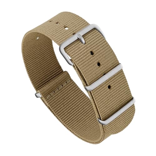 Vintage Time Watches | NATO Style Watch Strap Band Military Army Nylon Bracelet | Stainless Steel Buckle | 18mm 20mm 22mm (Khaki - Brushed Steel, 20mm)
