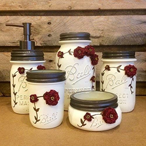 5 Piece Ivory and Burgundy Vintage Style Mason Jar Vanity Set, Shabby Mason Jar Bathroom or Desk Set, Vintage Mason Jar Decor