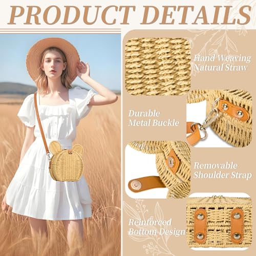 Round Rattan Straw Bag Purse for Women Handmade Cute Mouse Ear Wicker Woven Purse Crossbody Shoulder Bag Handbag3