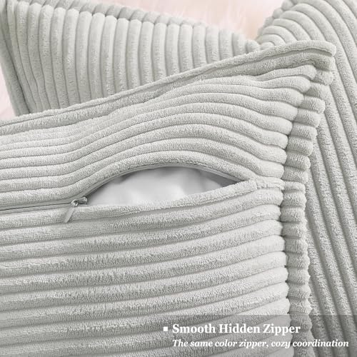 decorUhome Corduroy Grey Throw Pillow Covers 22x22 Set of 2 Decorative Soft Boho Striped Neutral Euro Farmhouse Couch Pillow Cases with Broadside for Living Room Bed Sofa