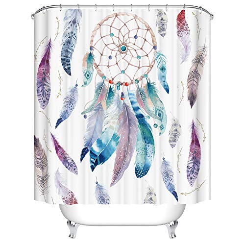 Boyouth Rideau de douche bohème coloré avec attrape-rêves et motif plume-impression numérique-12 crochets-180 x 180 cm-multicolore Cover