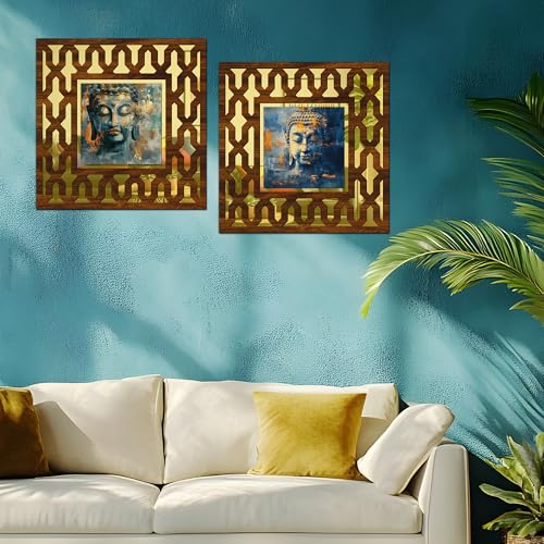 Image of Wooden Buddha Art Mirror Wall Decor Panel for Home Decor Living Room Bed Room Office (AD2, 12X12 Inches, Set of 2)
