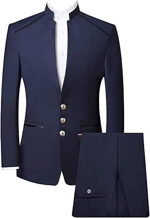 Mens 2 Pieces Chinese Style Suit Stand Collar Jacket Blazer Trousers Set Slim Fit Traditional Uniform