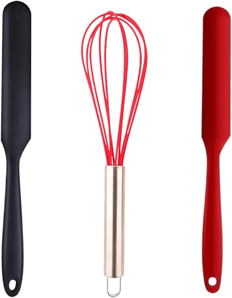 Frenchware (Set of 3, 2 Jar Spatulas & 1 Whisk, Red & Black) Non-Stick Premium Silicone Spatula for Cooking, Baking & Mixing, Seamless Design