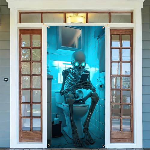 Image of BlissYard Halloween Door Cover Skeleton Restroom Scene 71 x 35 Inch | Polyester, Skeleton Restroom Scene, Halloween Door Cover, Bathroom Wall, Party Backdrop and Haunted House Decor