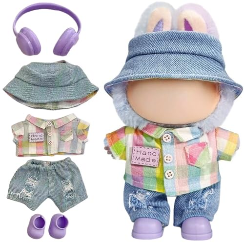 Clothes for Labubu Rainbow Plaid 5-Piece Set – Plaid Shirt,Ripped