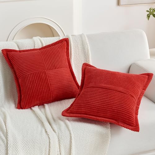 HAUSSY 2 Pack Pillow Covers 20x20 Inch, Corduroy Decorative Throw Pillows Soft Boho Striped Solid Couch Cushion Covers Home Decor Accent Modern Pillow Cases for Living Room Sofa Bed, Red (Covers Only) by HAUSSY - Image 5