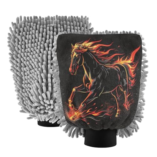 ALAZA Running Horse Flame Car Wash Mitt Scratch Free, 2 Pack Absorbent Microfiber/Chenille Washing & Drying Mitts, L