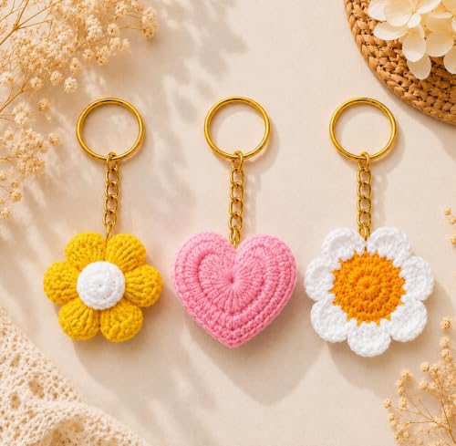 Image of Handmade Crochet Keychain for Women & Girls, Cute Yarn Key Ring, Bag Charm, Car Key Holder & Gift, Aesthetic Handmade Floral Accessory