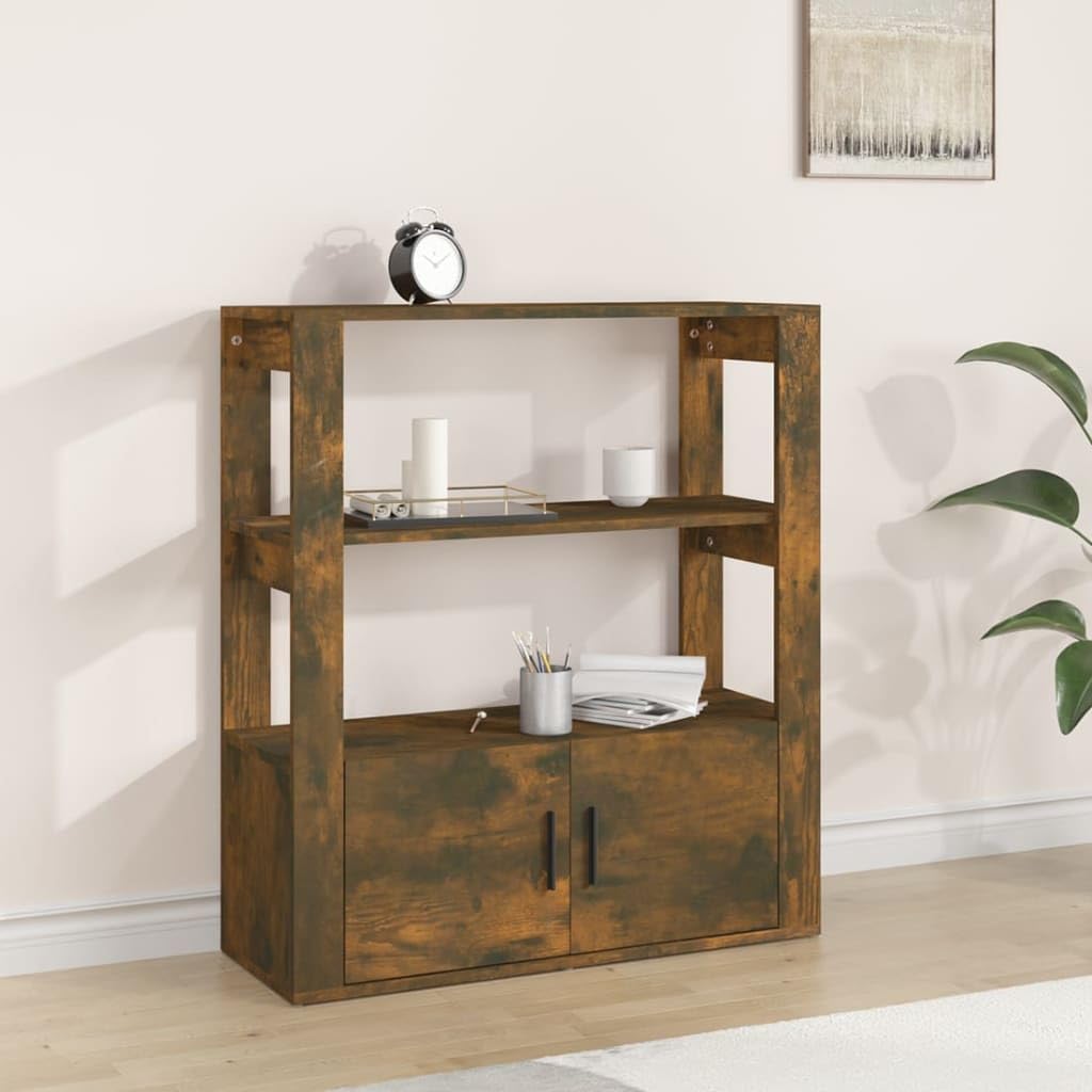 Szafka dąb dymiony 80x30x90 cm materiał drewnopochodny regał boczny z półkami i drzwiami do salonu biura organizacja przechowywania książek dekoracji meble odporne na wilgoć