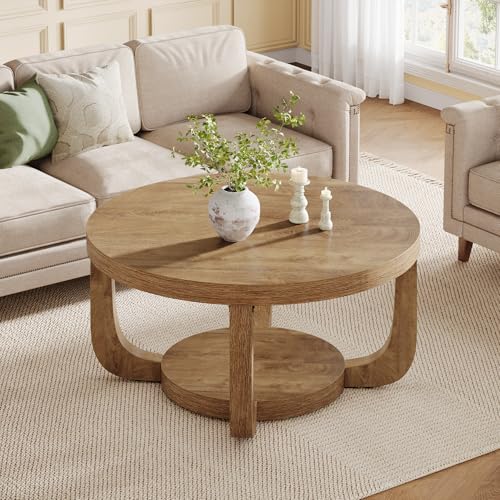 Image of Tribesigns Round Coffee Table, 2-Tier Circle Coffee Table with Storage, Modern Wooden Accent Center Table for Living Room, Thick Tabletop & Base (Rustic Oak)