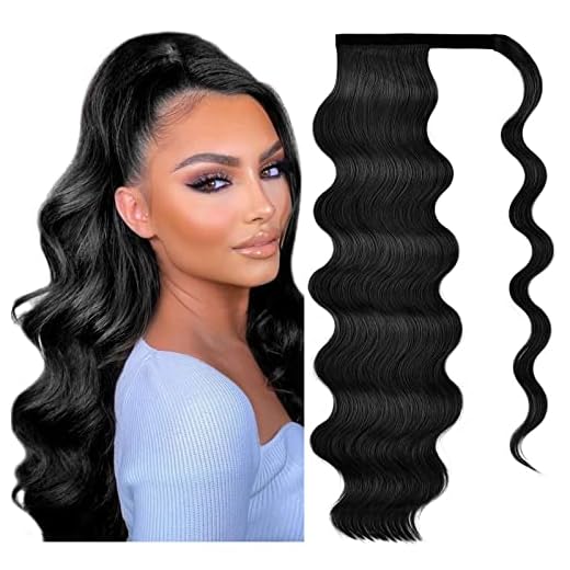 Extension de queue de cheval longue ondulée, 24 pouces noir enroulé autour de postiche synthétique clip dans les extensions de cheveux de queue de cheval postiche pour les femmes (1B #, noir)