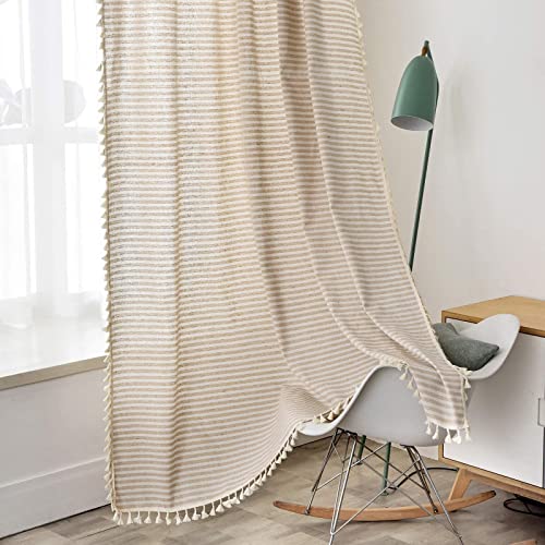 Colorbird Striped Farmhouse Curtains For Living Room, 2 Panels Cotton Linen Room Darkening Curtains 63 Inch Length Tassel Beige Rod Pocket Window Drapes For Dining Nursery Doorway cover
