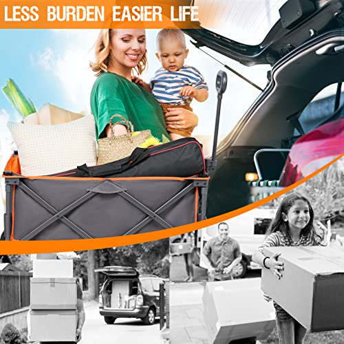 Portal Collapsible Folding Wagon, Push Pull Foldable Beach Wagon Cart With All-Terrain Wheels, Heavy Duty Utility Grocery Wagon For Outdoor Camping Garden Sport Shopping, Holds 225 Lbs, Grey/Orange #TOP4
