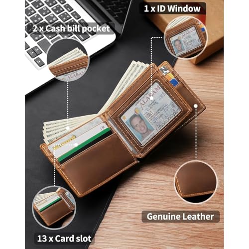 Genuine Leather Wallet for Men Bifold RFID Blocking Design with 13 Card Slots 2 Cash Pockets 1 ID Window Slim Large Capacity Wallet Gift Box Included (Coffee Brown)3