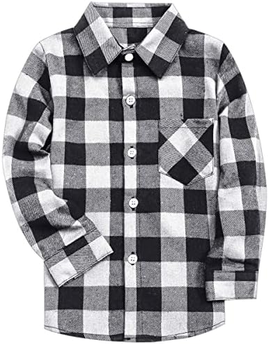 Little Boys Cotton Long Sleeves Gingham Plaid Flannel Shirt Tops, White Black, Age 7T-8T (7-8 Years) = Tag 140