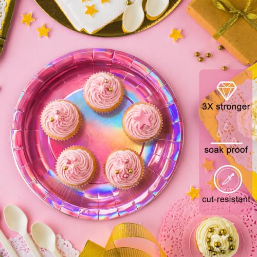 Image of Iridescent Hot Pink Paper Plates, 7 Inch Dessert Cake Plates, 50 Count Bulk | Colored and Sturdy Durable Party Plates, For Mermaid Disco Kpop Birthday, Bridal Showers, BBQ, Pool Parties, Food-Safe