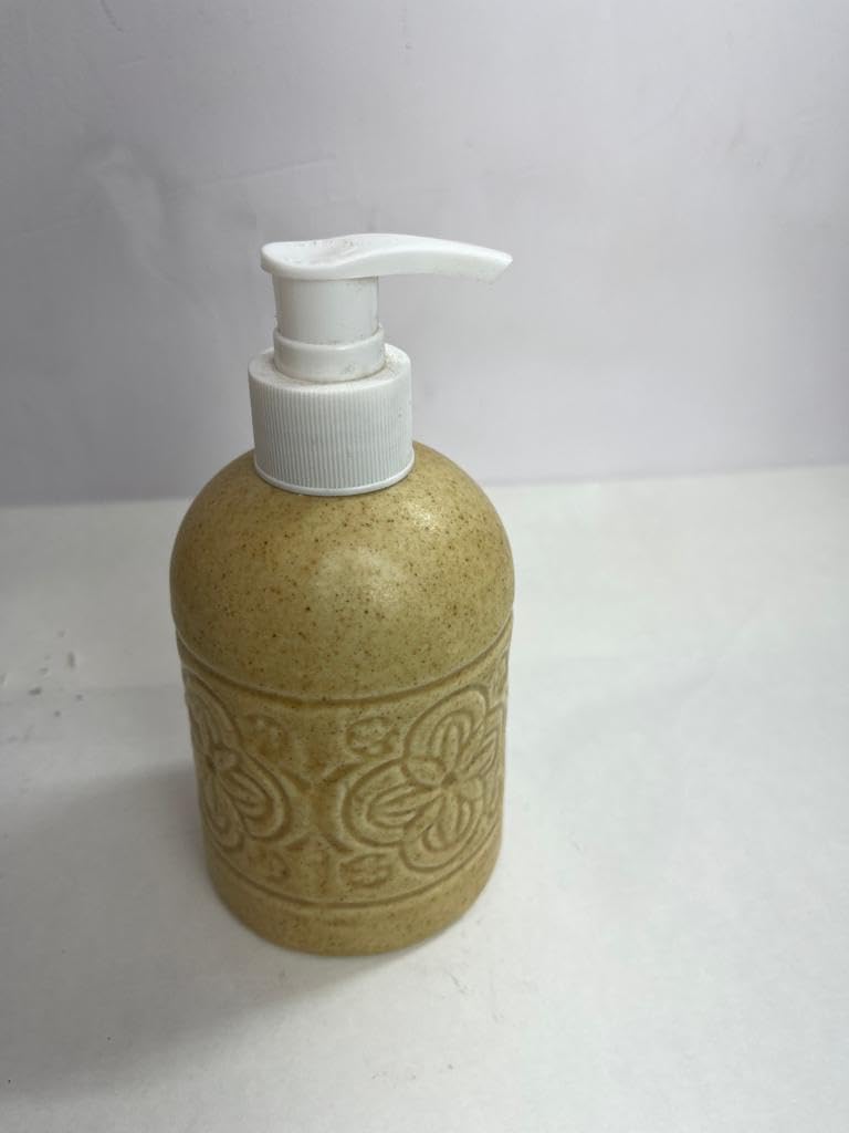 MYSTIQUEE by ABHA Singh Yellow Handpainted Selfprint Ceramic Lotion and Liquid soap Dispenser I Bathroom Accessories Handwash Dispenser I 250 ml I Dispenser for Kitchen I
