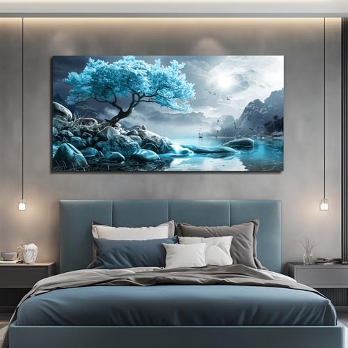KELIYUAN Canvas Wall Art For Living Room Large Wall Decor For Bedroom Blue Tree Landscape Painting Black And White Wall Pictures Artwork Office Works Frame Canvas Art Modern Home Decoration 24x48in