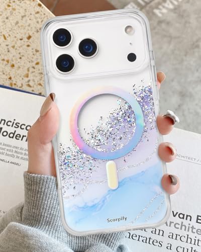 Coque iPhone 17 Pro MagSafe transparente anti-choc pailletée bleu irisé