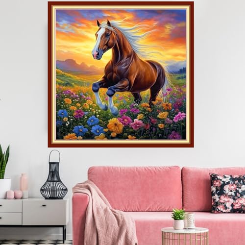 Image of Redxing Stamped Cross Stitch Kits Embroidery kit for Beginners Adults Full Range of Embroidery Patterns Starter Kits DIY Printed Cross Stitch Kits Needlepoint Kits 11CT-Flowers and Horses 18x18 inchs