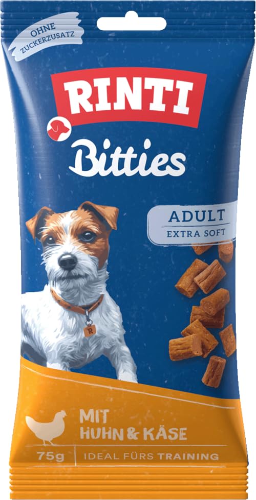 Rinti Bitties Huhn + Käse | 8er Pack | 8 x 75 g | Snack für ausgewachsene Hunde | Extra weich | Ohne Zucker & Soja | Mit wertvollem Omega 3 | Viel frisches Fleisch