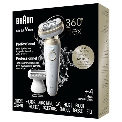 Braun Silk-&eacute;pil 9 Flex Epilator, 360 Flex and Pivoting Head, Wet and Dry, Includes Shaver Head, Trimmer Comb, SES9-041 3D, Tinted Gold