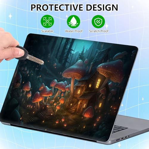 JANENFNA Laptop Skin Sticker with 2 Wrist Pad Skins, Waterproof & Scratch-Resistant, Reusable Universal Vinyl Skin for 12-15.6 Inch Notebooks, Removable Personalized Cover,Mushroom House