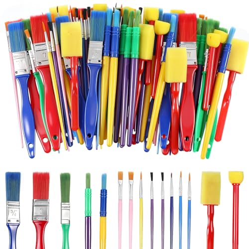 AOZUO 120 Pcs All Purpose Paint Brush Set Bulk, Painting Brushes for Acrylic and Washable Paints Round and Flat Brushes for Watercolors, Easy to Clean and Hold, Great with Watercolors