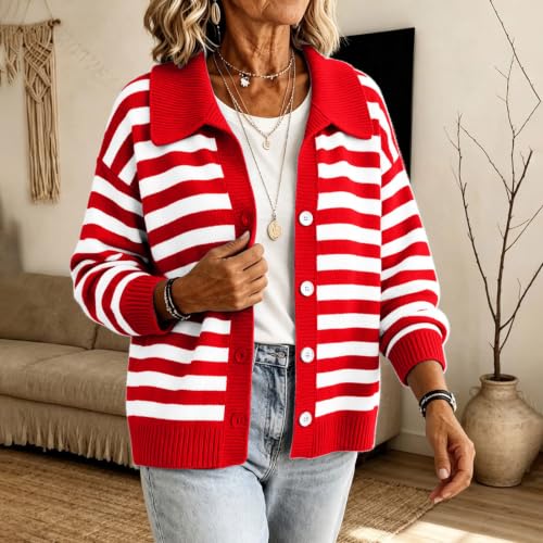 Womens Striped Cardigan Collar V Neck Button Down Long Sleeve Fall Sweater - image 5