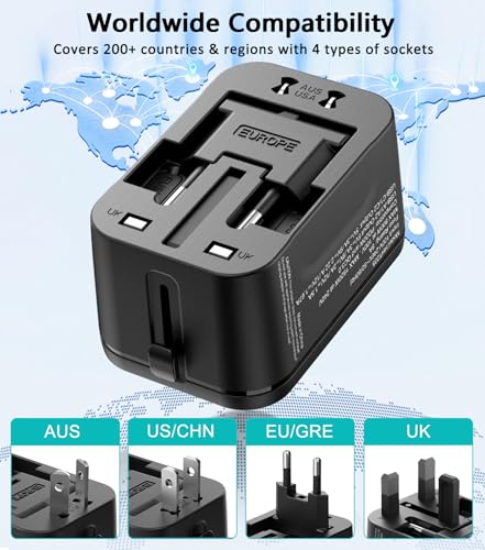 Universal Travel Adapter Worldwide, European Travel Plug Adapter with 2 USB C, 2 USB A and Multi AC Outlets, International Power Adaptor for EU US UK AUS 200+ Countries, Travel Essentials - Thumbnail 3