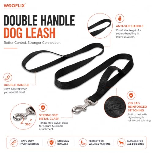 Image of Wooflix Heavy Duty Double Handle Dog Leash for Small, Medium and Large Dogs | Anti-Slip Dual Handle with Heavy Duty Metal Hook Dog Lead Leash for Walking, Running & Training (Black, 5 Feet)