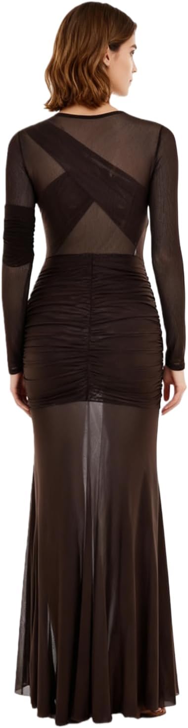 Women’s Sexy Sheer Mesh Long Sleeve Maxi Dress Elegant Asymmetric Ruched Bodycon Formal Dress Cocktail Dresses - Image 5
