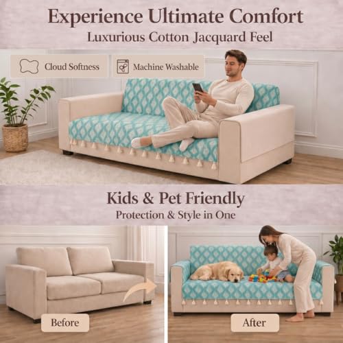 Image of STITCHNEST 'Verdant Ikat Stories' 2 Seater Sofa Cover - Full Coverage| Elegant Jacquard Fabric, Decorative Tassels, Washable & Durable for Modern Living