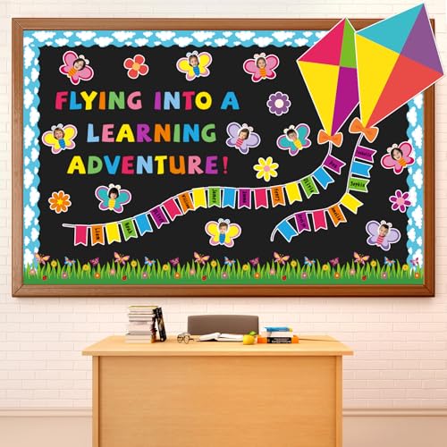 Butterfly Kite Bulletin Board Set DIY Photo Name Tags Back to School Paper Cutouts Colorful Flower Classroom Decorations for Motivational Nursery Wall Decor(Flying Into A Learning Adventure)