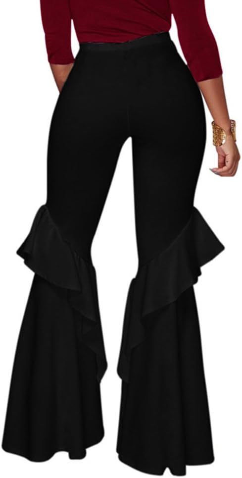 GUOLEZEEV Womens High Waisted Ruffle Flare Fit Pants Solid Color Wide Leg Trousers - Image 2