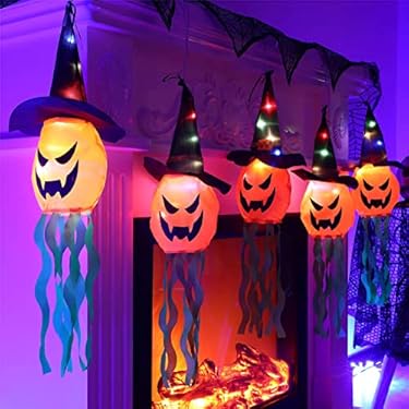 AMAZON - CUNGLIN Halloween Decorations Outdoor Hanging Pumpkins with Witch Hats, Halloween Decor Indoor 5 Pack Lighted Pumpkin, Led Colorful String Lights Waterproof Battery for Home Porch Yard Garden Outside