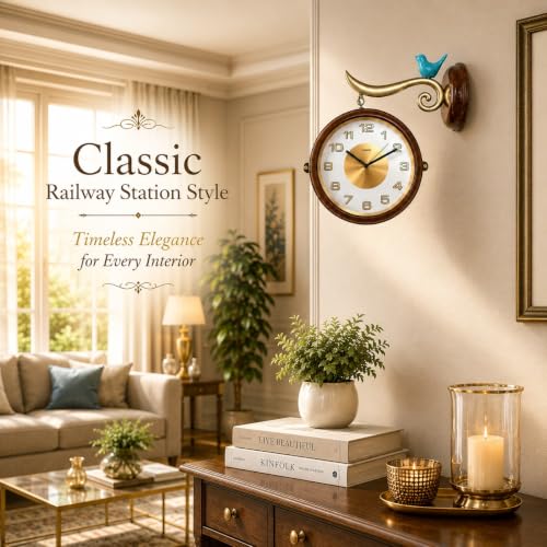 Image of Armonia Premium Heritage Royale Double-Sided Station Wall Clock, 18.5 Inch Vintage Analog Dual Face Hanging Clock, Silent Quartz Movement, Acrylic Wall Clock for Living Room,Office, Home Decor (Brown)