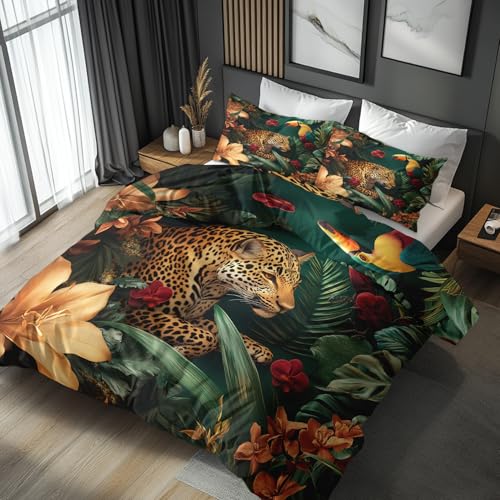 Generisch Leopard Tukan Bettwäsche 135x200 2tlg, 1 Kissenbezüge 80x80 -...