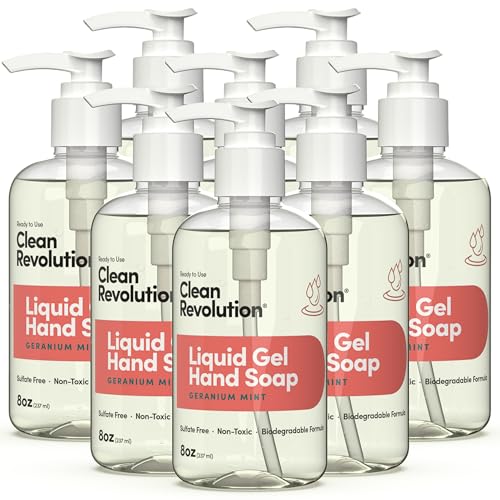 Image of Clean Revolution Liquid Gel Hand Soap with Real Essential Oils - Sulfate-Free Gel Hand Wash, Moisturizing & Non Toxic Formula, Made in the USA (Geranium Mint) 8 Fl Oz, Pack of 8