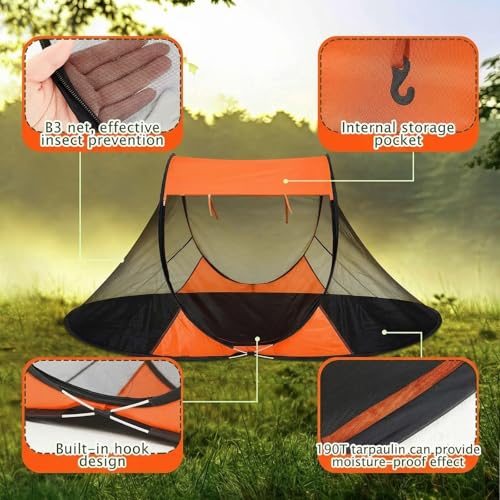 Image of Pop up Mosquito Tent for Camping, 86.6 x 59 x 45.3 Inch Bug Net Tent with Instant Automatic Setup, Lightweight Portable Screen Net Fits Most Camping Cot for Outdoor Hiking Travel(Orange)