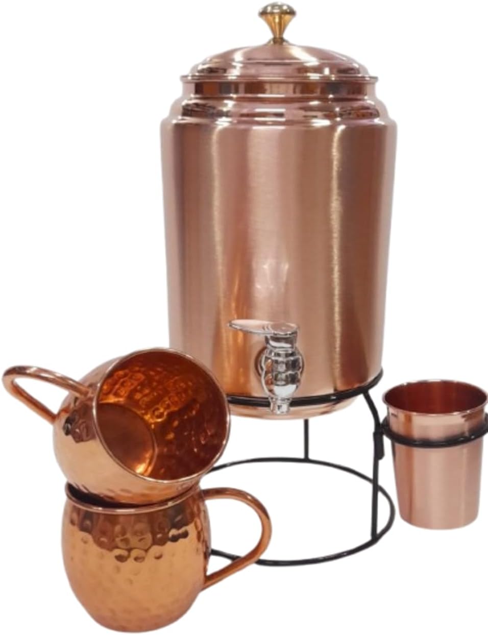 Pure Copper Plain Mate drinkware water dispenser Storage Water Tank, Pot ayurveda health healing Water Tank with Tap and set of 2 Copper hammered mug 1Glass, water container tank with 5 Ltr Capacity