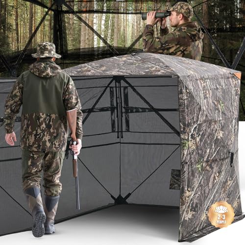 VEVOR Affût de Chasse Transparent pour 2-3 Personnes, Tente de Camouflage Portable avec Sac de Transport, Cache de Chasse à 360 Degrés, avec Porte Latérale Silencieuse et Fenêtre, pour Chasseur